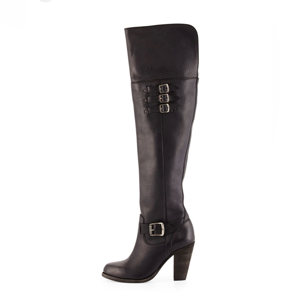 Frye Tall Black Leather Over-the-Knee Buckled Heel Boots